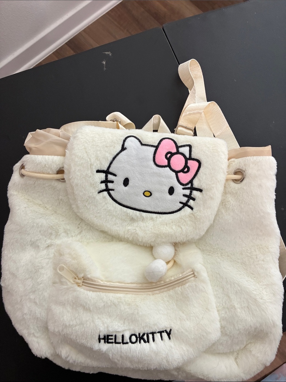 Hello Kitty Cream Plush Backpack with Pink Bow Accent